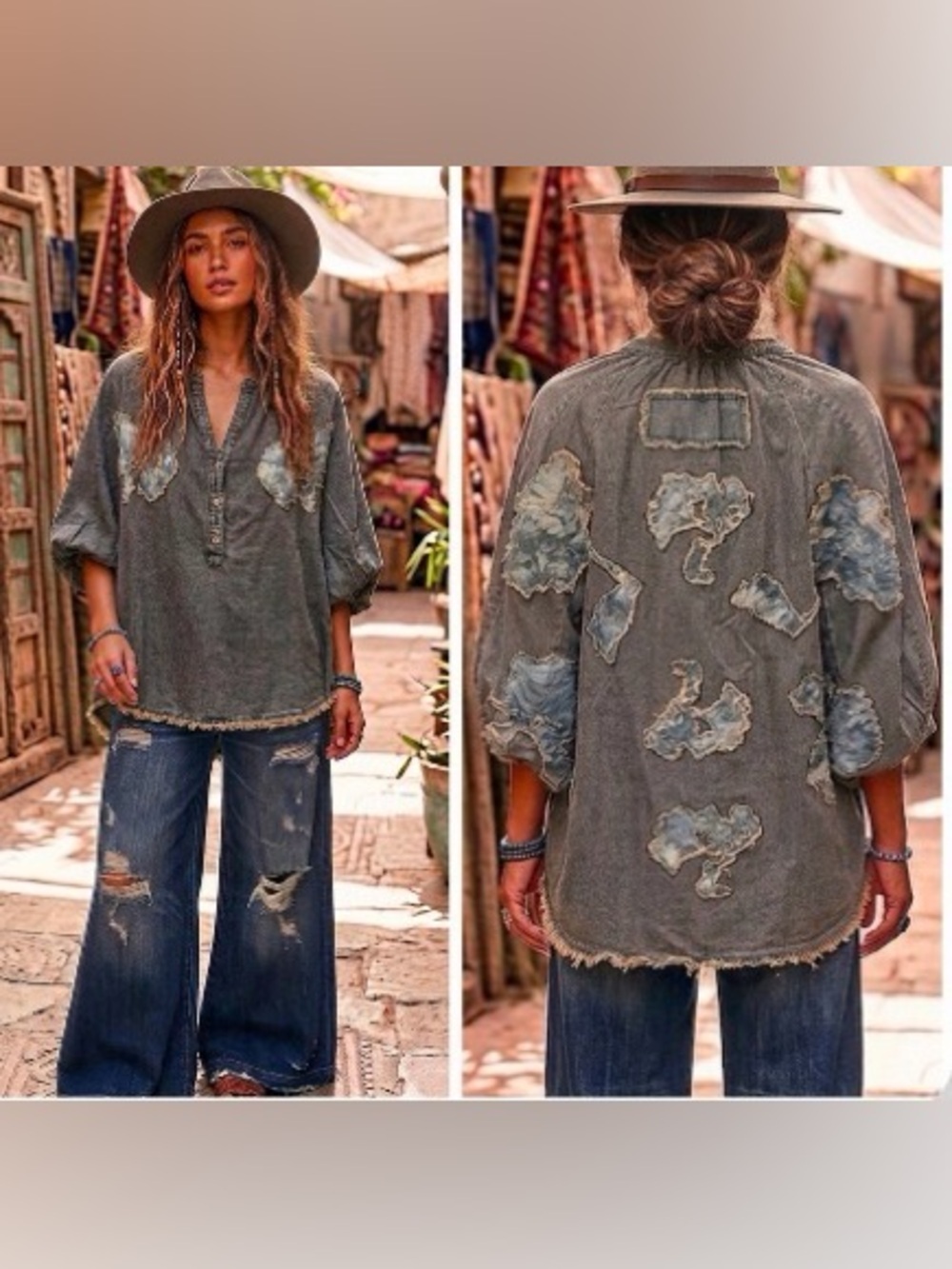 Light Blue Denim Embroidered Tunic Top - Relaxed Fit